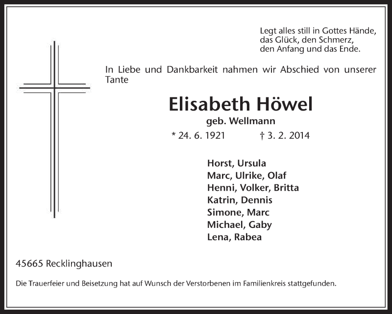  Traueranzeige für Elisabeth Höwel vom 15.02.2014 aus Medienhaus Bauer